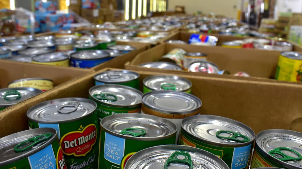Close-up shot of assorted canned items at our warehouse.