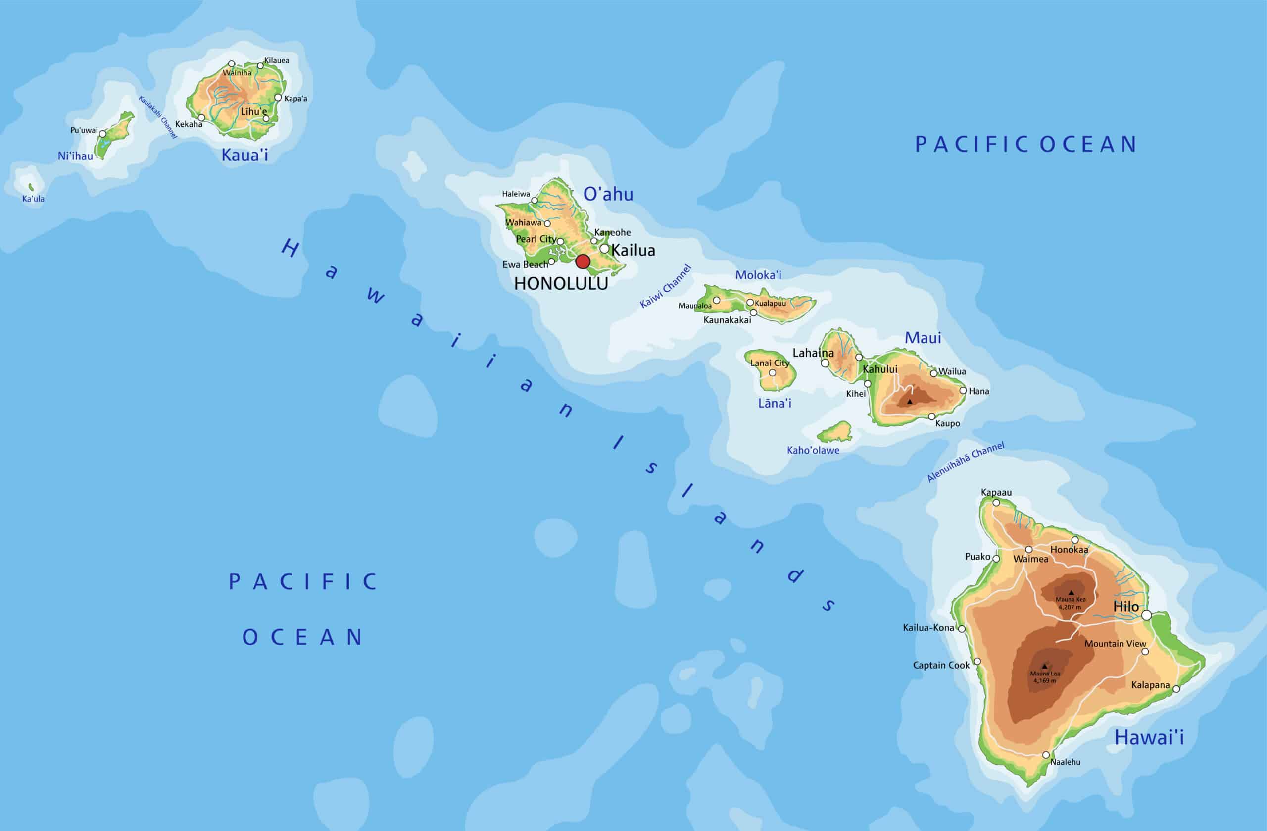 A map of the Hawaiian Islands, detailing the topography and locations of major cities and landmarks within the islands.